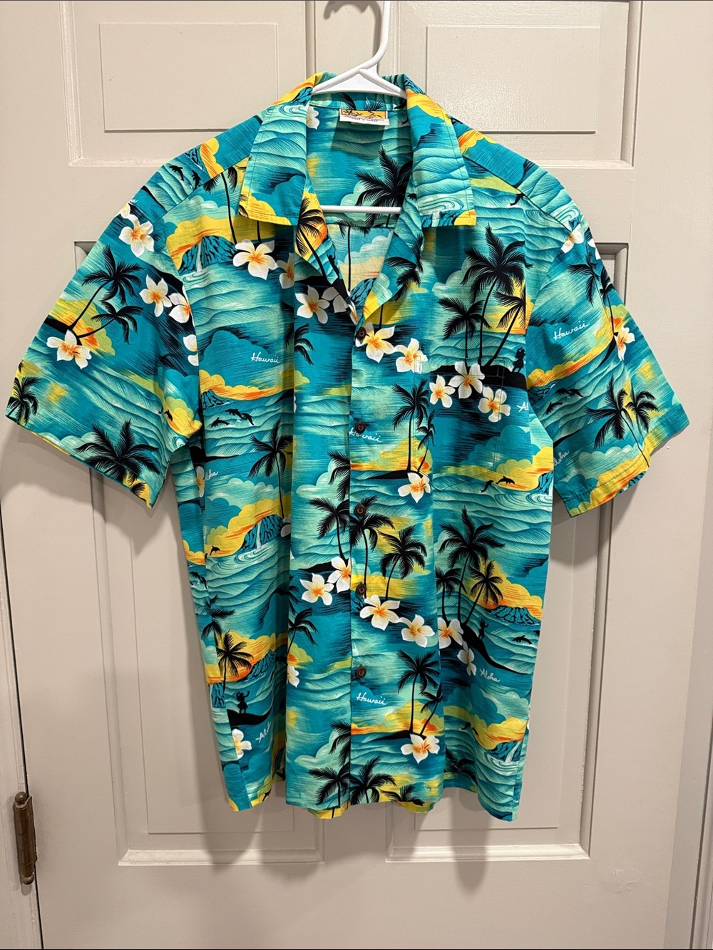 Vintage Winnie Fashion Tropical Hawaiian Short-Sleeve Shirt - Turquoise Size L